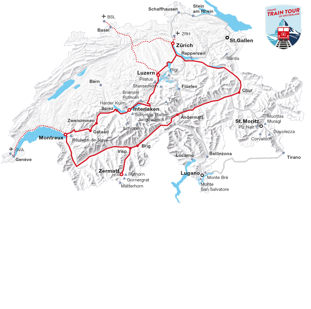 Karte: Top-Attraktionen Tour (Grand Train Tour of Switzerland)